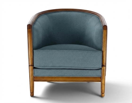 Sillón antiguo con reposabrazos moldurados bois teinte ancienne et tissu bleu océan