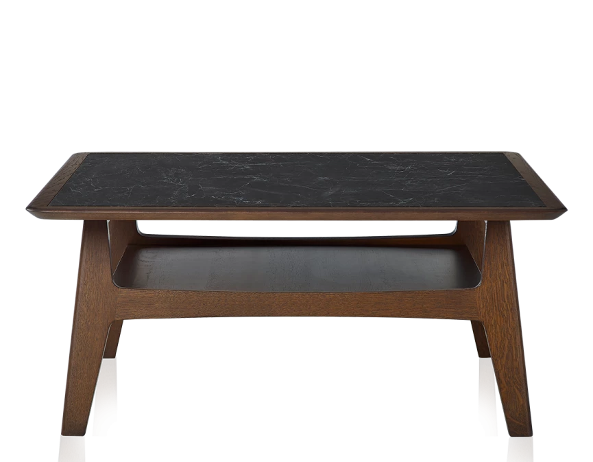 Table basse carrée en chêne et céramique avec bois teinte marron foncé plateau céramique effet ardoise 100x100 cm