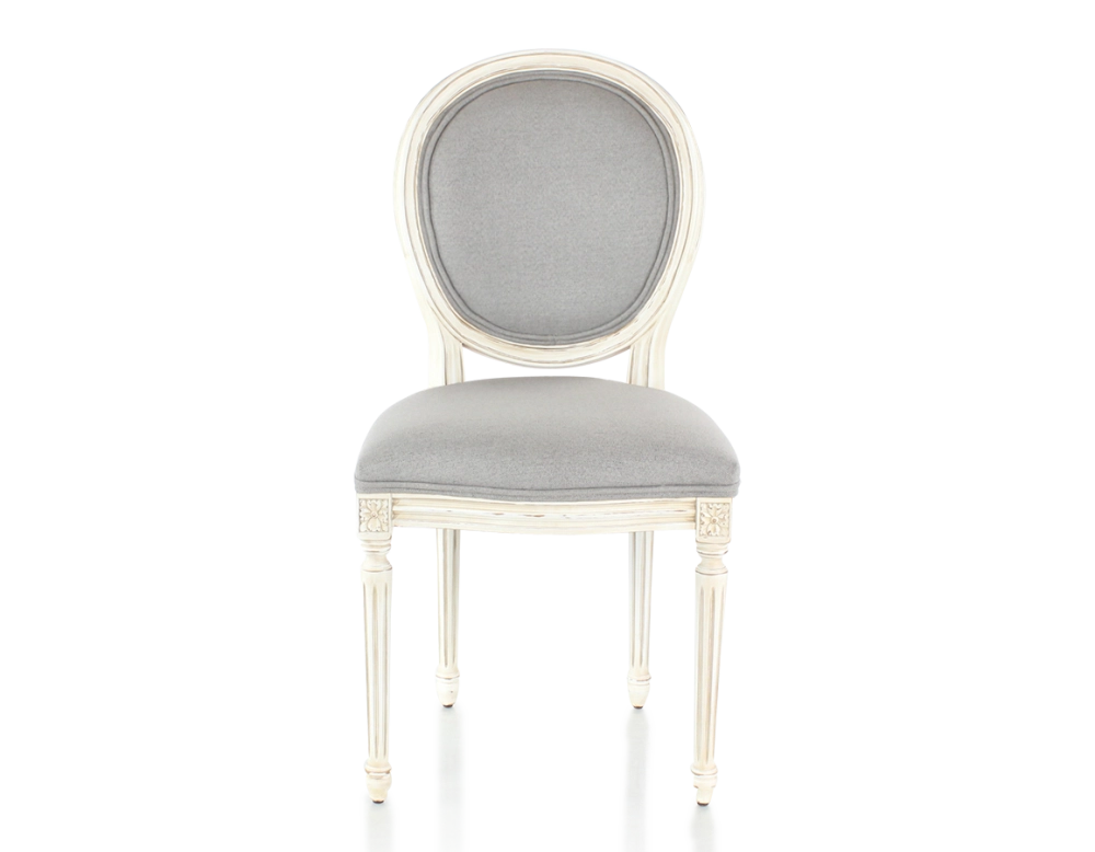 Chaise ancienne style Louis XVI bois teinte blanche cérusée et tissu gris clair Chaise ancienne style Louis XVI bois teinte blanche cérusée et tissu gris clair