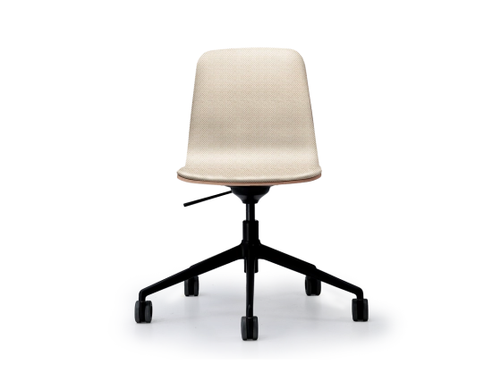 Design office chair black metal base with wheels and beige mottled fabric seat.