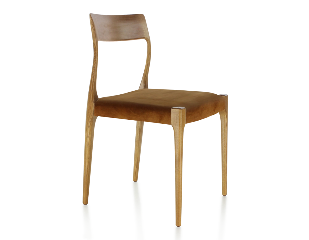 Chaise scandinave bois teinte merisier assise tissu velours bronze Chaise scandinave bois teinte merisier assise tissu velours bronze