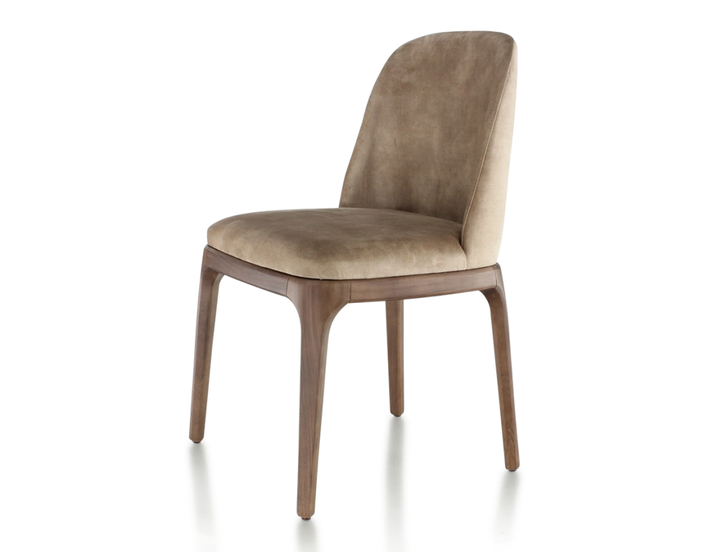 Designer chair dark brown stained wood and light taupe velvet fabric Designer chair dark brown stained wood and light taupe velvet fabric