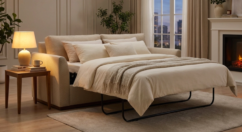 Canapé convertible 3 places tissus chiné beige