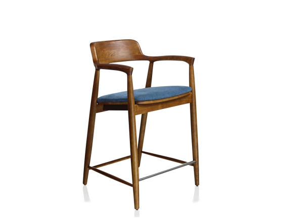 Tabouret de bar h60 cm bois teinte merisier assise tissu bleu jean