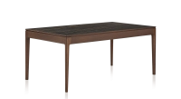 Table salle à manger en chêne et céramique 6 personnes avec bois teinte marron foncé et plateau céramique effet marbre noir 140x100 cm Table salle à manger en chêne et céramique 6 personnes avec bois teinte marron foncé et plateau céramique effet marbre noir 140x100 cm