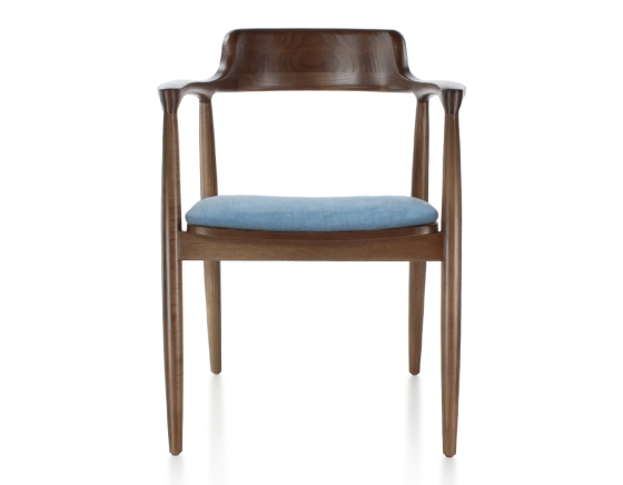 Scandinavian chair dark brown stained wood and denim fabric