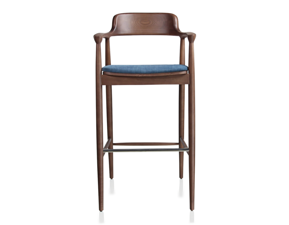 Tabouret de bar h80 cm bois teinte noyer assise tissu bleu jean Tabouret de bar h80 cm bois teinte noyer assise tissu bleu jean
