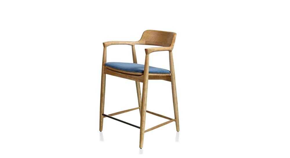 Tabouret de bar h60 cm bois teinte naturelle assise tissu bleu jean