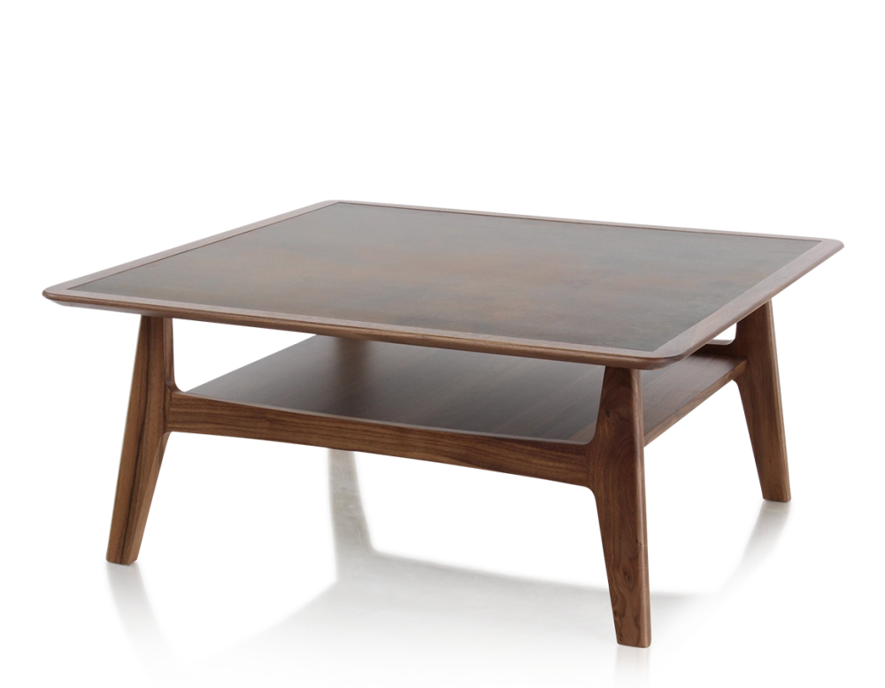 Table basse carré en noyer et céramique bois teinte naturelle plateau céramique brun oxydé 100x100 cm Table basse carré en noyer et céramique bois teinte naturelle plateau céramique brun oxydé 100x100 cm