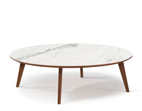 Round walnut and ceramic F1 coffee table wooden tray with a natural finish and a white marble-effect ceramic top m1. 120x120x30 cm