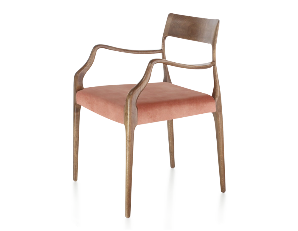 Chaise scandinave avec accoudoirs bois teinte noyer assise tissu velours rose pâle Chaise scandinave avec accoudoirs bois teinte noyer assise tissu velours rose pâle