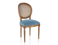 Chaise ancienne style Louis XVI bois teinte ancienne dossier canné assise tissu bleu jeans Chaise ancienne style Louis XVI bois teinte ancienne dossier canné assise tissu bleu jeans