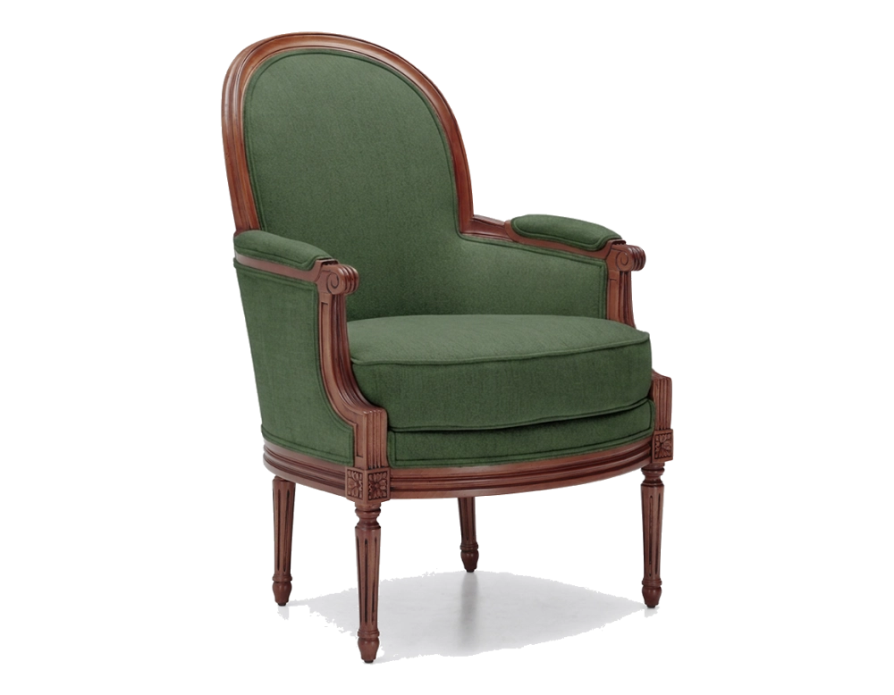 Fauteuil bergère mouluré style Louis XVI bois teinte ancienne et tissu vert foncé