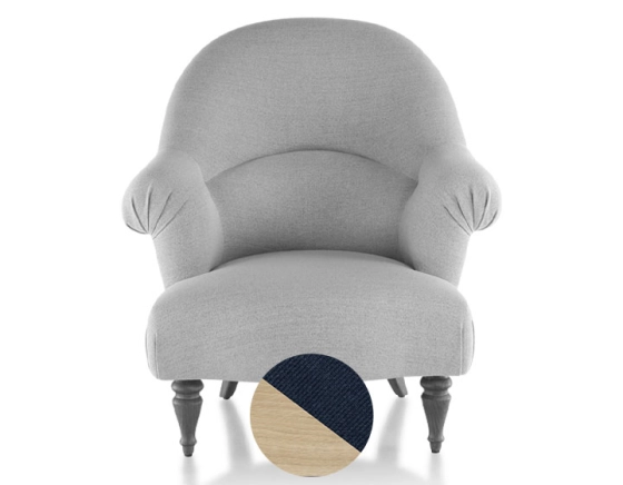 Fauteuil crapaud avec accoudoirs pieds bois teinte naturelle et tissu bleu marine moyen dossier