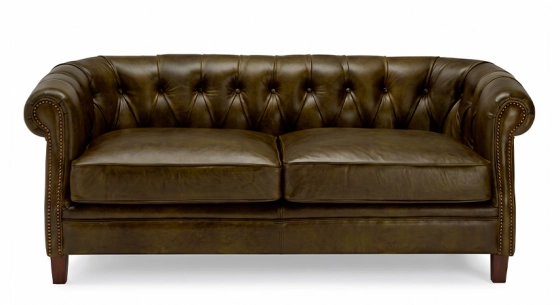 Canapé Chesterfield cuir 2 places vert olive accoudoirs cloutés