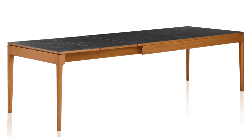Table extensible 8 à 12 personnes en chêne et céramique allonges céramique avec bois teinte merisier et plateau et allonges céramique effet ardoise 160x100 cm
