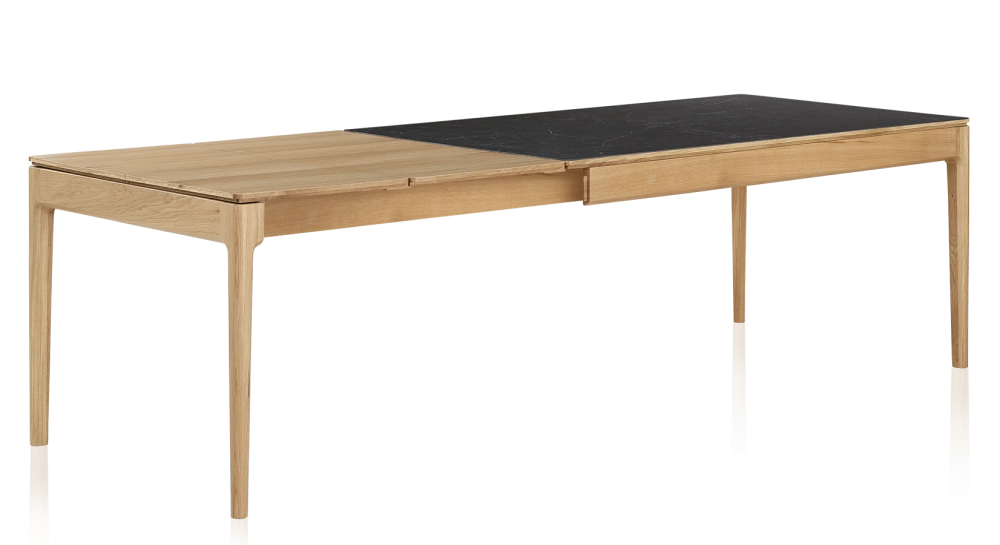 Table extensible 8 à 10 personnes en chêne et céramique allonges bois avec bois teinte naturelle et plateau céramique effet ardoise 180x90 cm Table extensible 8 à 10 personnes en chêne et céramique allonges bois avec bois teinte naturelle et plateau céramique effet ardoise 180x90 cm
