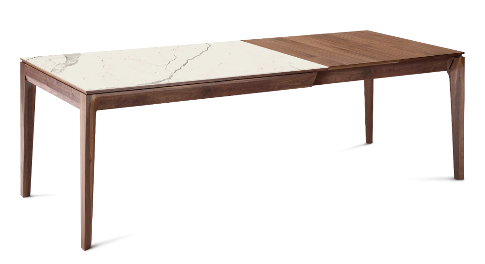 Table extensible 8 à 12 personnes en noyer et céramique allonges bois avec bois teinte naturelle et plateau céramique effet marbre blanc 160x100 cm Table extensible 8 à 12 personnes en noyer et céramique allonges bois avec bois teinte naturelle et plateau céramique effet marbre blanc 160x100 cm