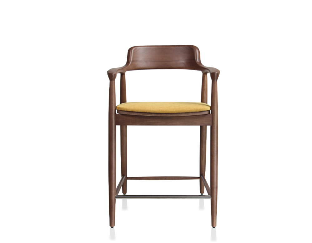 Tabouret de bar h60 cm bois teinte noyer assise tissu jaune Tabouret de bar h60 cm bois teinte noyer assise tissu jaune