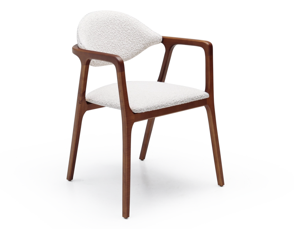 Designer armchair cherry wood stain and white bouclé fabric Designer armchair cherry wood stain and white bouclé fabric