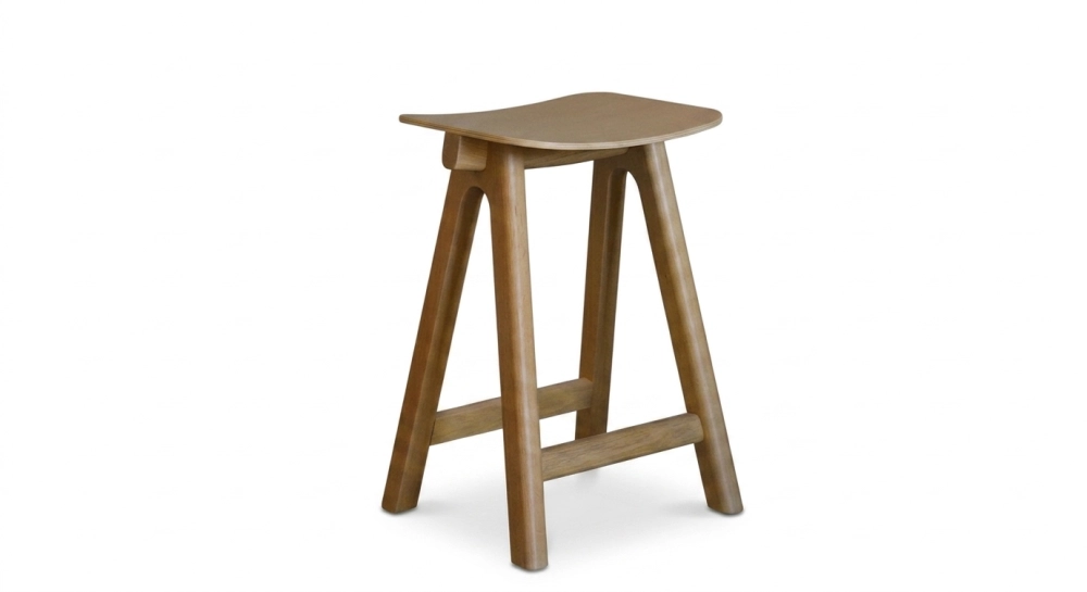 Design bar stool H65 cm natural wood finish with blue fabric seat