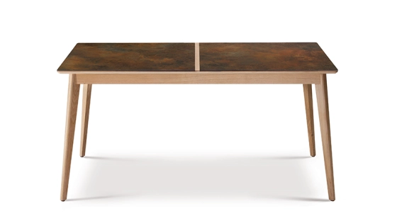 Extendable table for 6 to 12 people in oak and ceramic with wooden extensions with natural stained wood and plain black ceramic top 140x100 cm