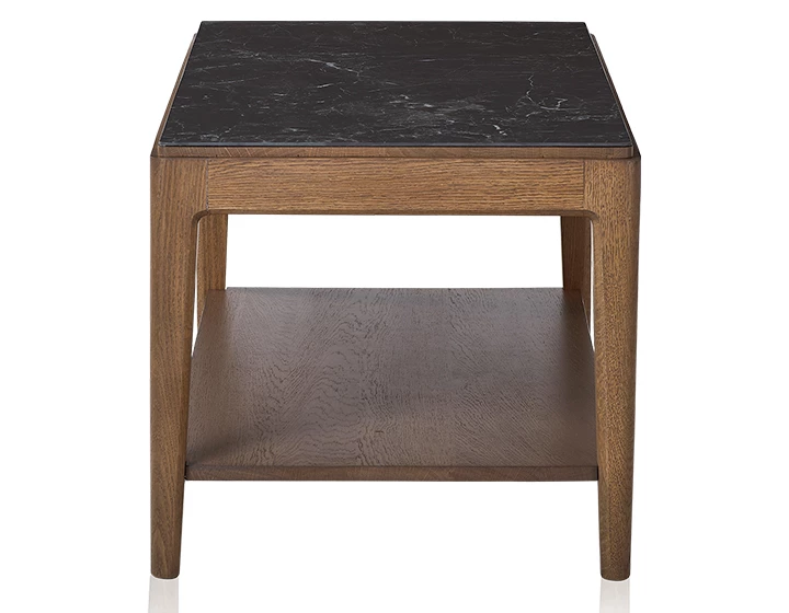 Table basse rectangulaire en chêne et céramique avec tablette en bois teinte noyer plateau céramique effet ardoise 100x50 cm