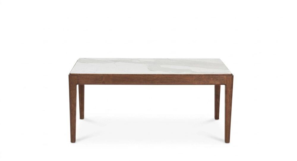Round coffee table in oak and ceramic dark brown stained wood with a white marble-effect ceramic tabletop. 100x100 cm