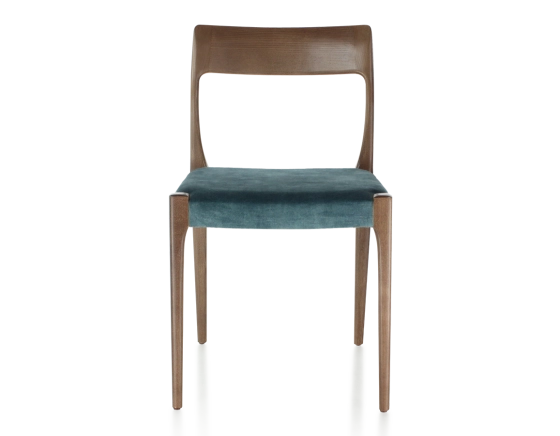 Chaise scandinave bois teinte marron foncé assise tissu velours bleu pétrole