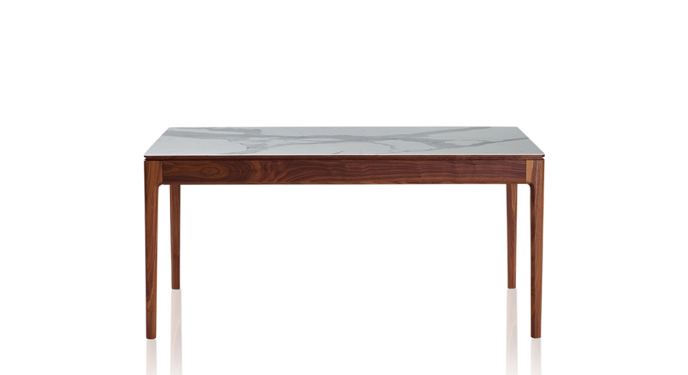 Table extensible 6 à 12 personnes en noyer et céramique allonges bois avec bois teinte naturelle et plateau céramique effet marbre blanc 140x100 cm Table extensible 6 à 12 personnes en noyer et céramique allonges bois avec bois teinte naturelle et plateau céramique effet marbre blanc 140x100 cm