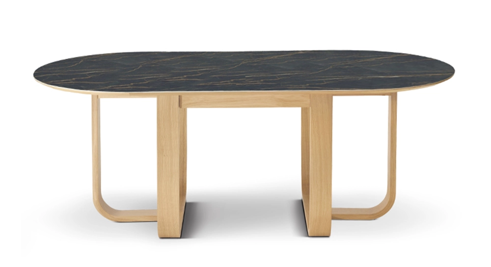 Table salle à manger en chêne et céramique 10 personnes avec bois teinte naturelle et plateau céramique effet marbre noir 250x100 cm Table salle à manger en chêne et céramique 10 personnes avec bois teinte naturelle et plateau céramique effet marbre noir 250x100 cm