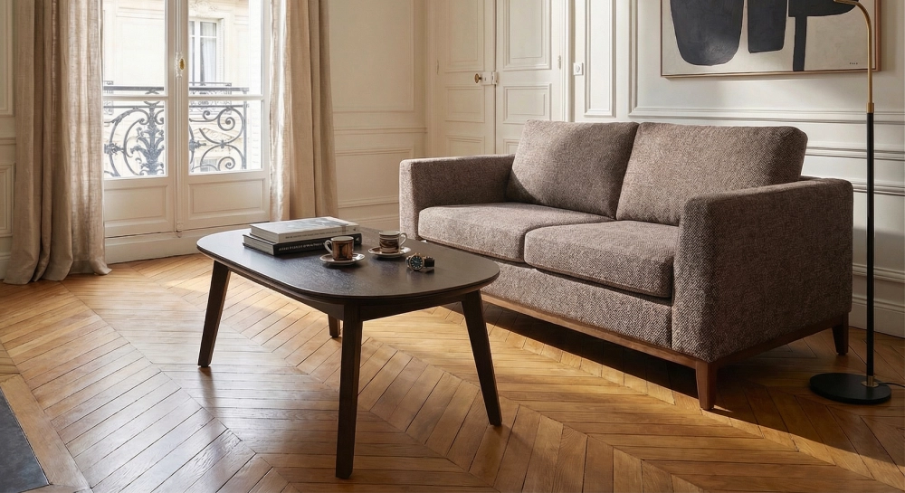 Canapé design 2 places tissu chiné marron