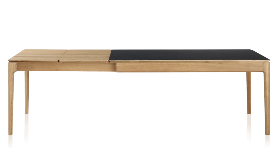 Extendable table for 6 to 10 people in oak and ceramic with wooden extensions with natural stained wood and plain black ceramic top 160x90 cm
