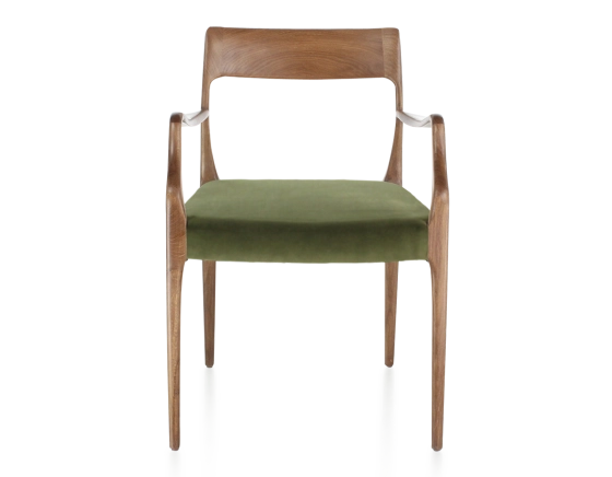 Scandinavian armchair with armrests wood stained walnut seat olive green fabric
