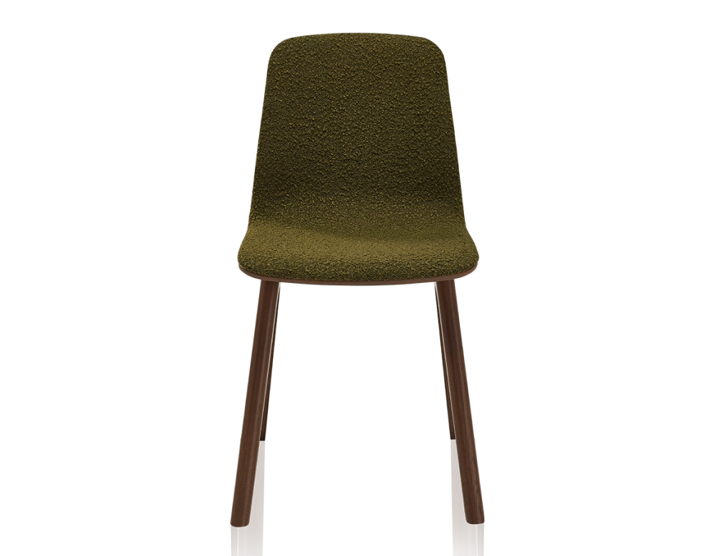 Chaise design en chêne tapissé bois teinte marron foncé assise tissu bouclé vert Chaise design en chêne tapissé bois teinte marron foncé assise tissu bouclé vert