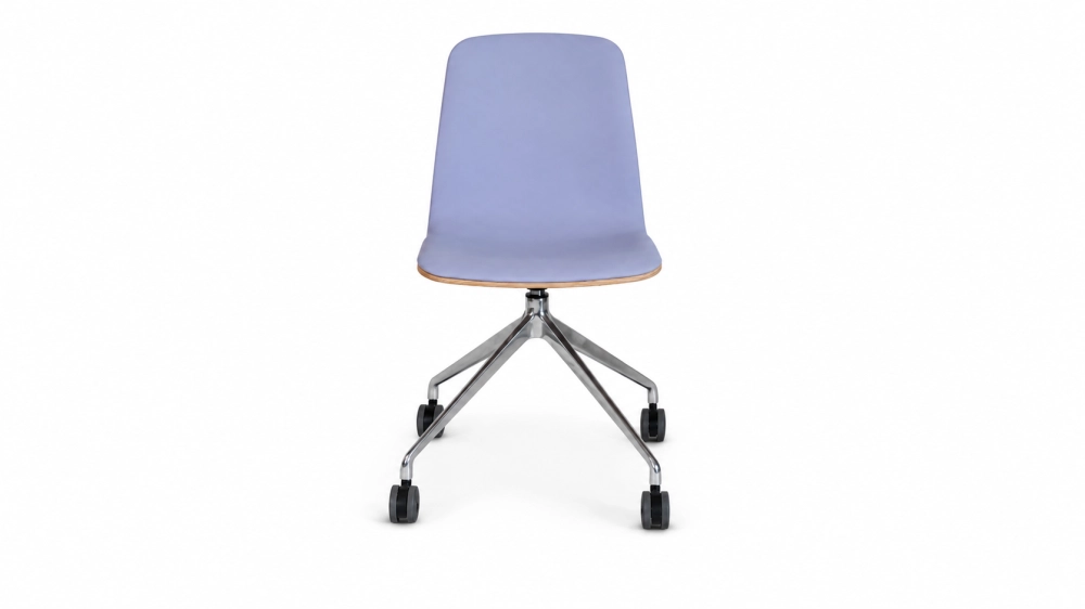 Office chair with 5 branches dossier bois teinte naturelle assise en tissu mauve