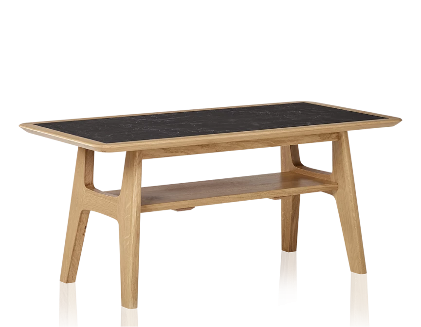 Table basse rectangulaire en chêne et céramique avec bois teinte naturelle plateau céramique effet ardoise 100x50 cm