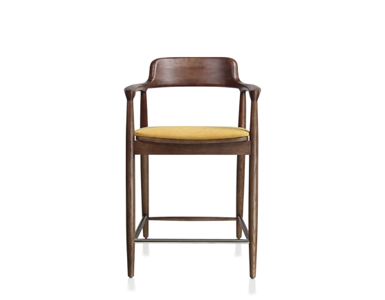 Tabouret de bar h60 cm bois teinte marron foncé assise tissu jaune