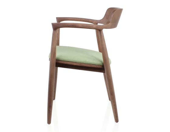 Scandinavian chair walnut-stained wood and green fabric