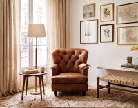 Fauteuil Chesterfield cuir marron vintage moyen dossier