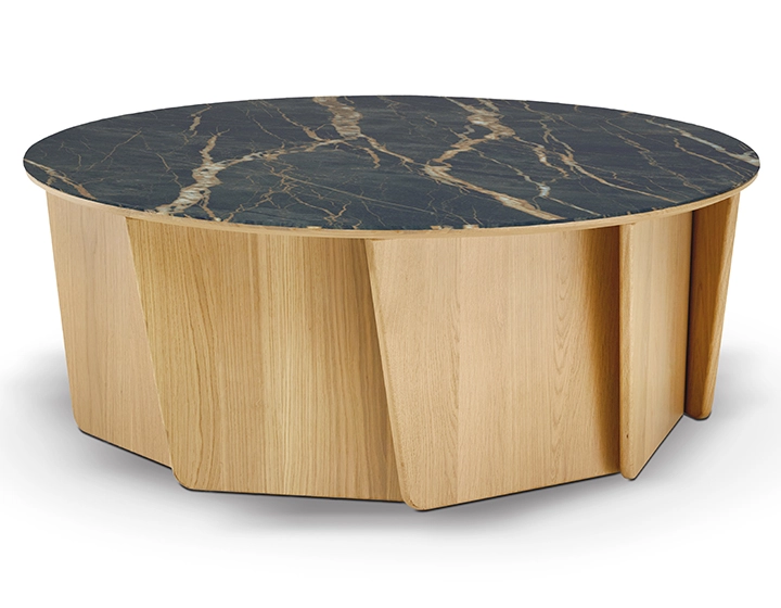 Table basse ronde en chêne et céramique avec bois teinte naturelle plateau céramique effet marbre noir 80 cm Table basse ronde en chêne et céramique avec bois teinte naturelle plateau céramique effet marbre noir 80 cm