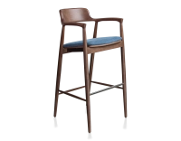 Tabouret de bar h80 cm bois teinte noyer assise tissu bleu jean Tabouret de bar h80 cm bois teinte noyer assise tissu bleu jean