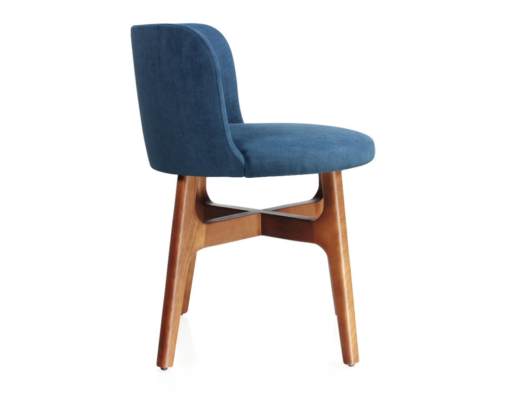 Designer chair cherry-stained wood, denim-blue fabric seat Designer chair cherry-stained wood, denim-blue fabric seat