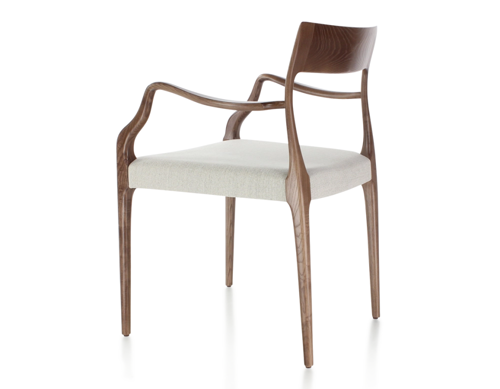 Chaise scandinave avec accoudoirs bois teinte marron foncé assise tissu beige naturel Chaise scandinave avec accoudoirs bois teinte marron foncé assise tissu beige naturel