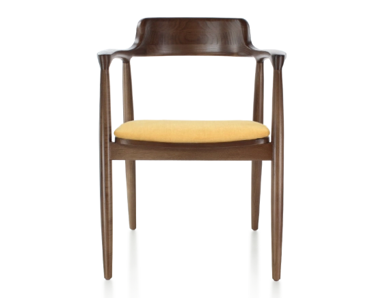 Scandinavian chair dark brown stained wood and yellow fabric