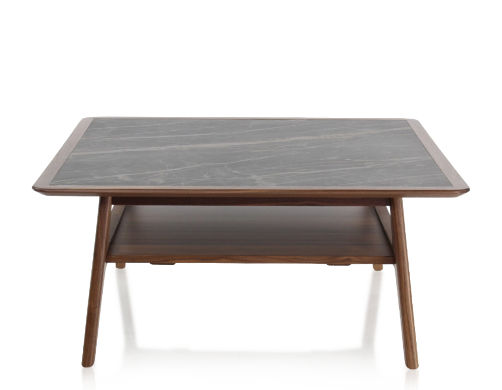Table basse carré en noyer et céramique bois teinte naturelle plateau céramique effet marbre noir 100x100 cm Table basse carré en noyer et céramique bois teinte naturelle plateau céramique effet marbre noir 100x100 cm