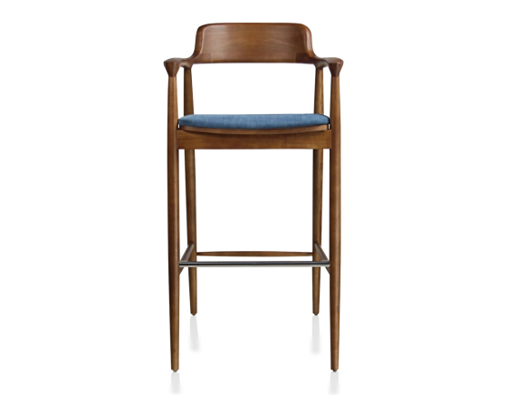 Tabouret de bar h80 cm bois teinte merisier assise tissu bleu jean