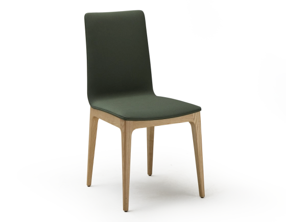 Designer chair wooden chair with a natural finish and forest green fabric seat.