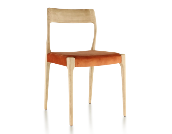 Scandinavian chair natural wood stain, terracotta velvet fabric seat
