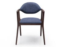 Designer armchair dark brown stained wood and ocean blue fabric. Designer armchair dark brown stained wood and ocean blue fabric.